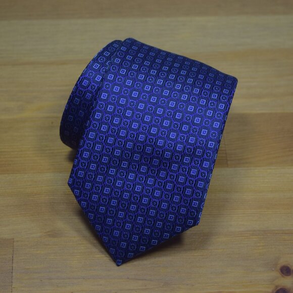 $490 New BRIONI Navy Blue Aqua Micro Squares Geometric Handmade Silk Neck Tie - Picture 9 of 16